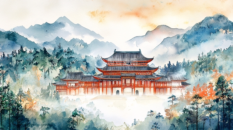 高清大图下载【趣麦麦图】水墨风格的山间寺庙