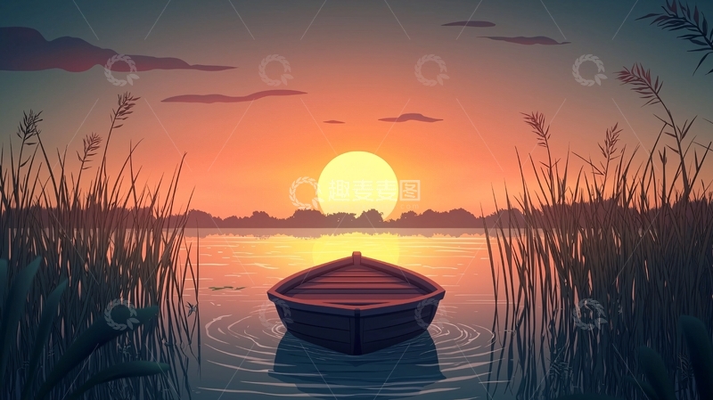 高清大图下载【趣麦麦图】日落余晖下的孤舟
