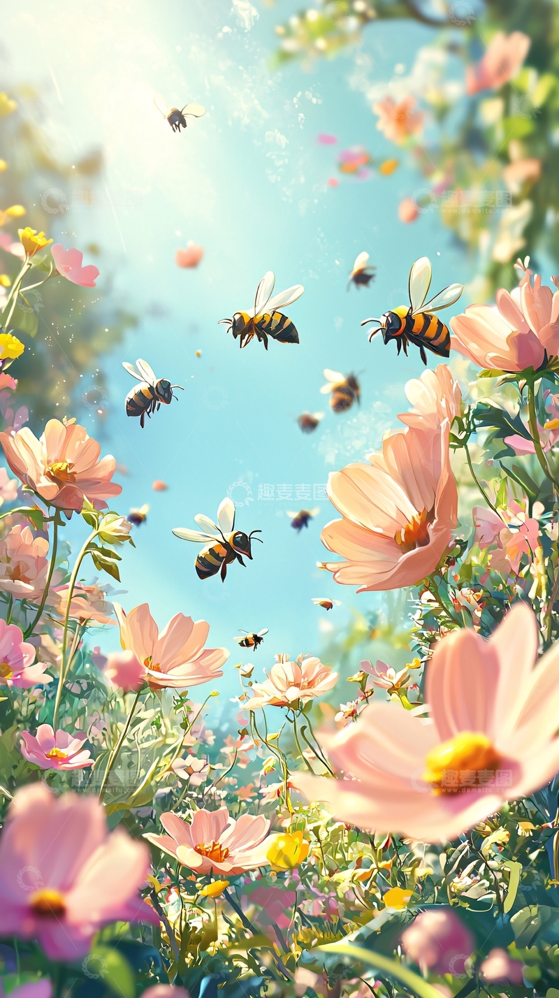 高清大图下载【趣麦麦图】蜜蜂飞舞在粉色波斯菊花海中