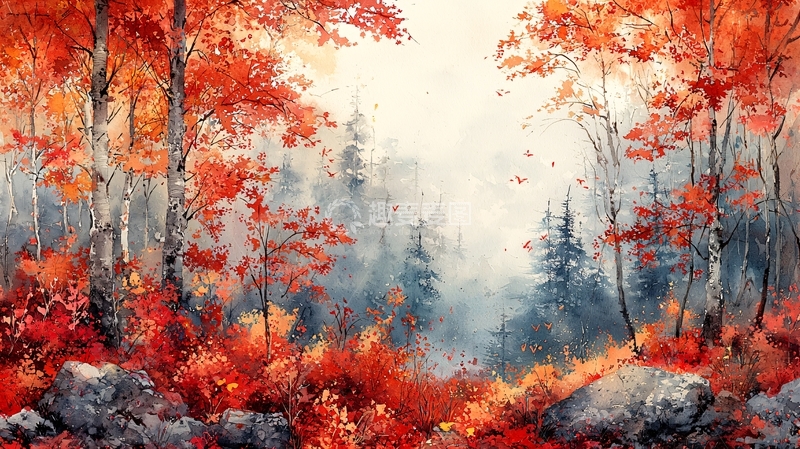 高清大图下载【趣麦麦图】红叶森林水彩画