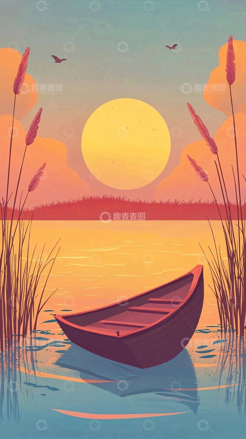 高清大图下载【趣麦麦图】夕阳西下湖边小船