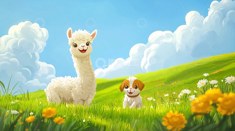 高清大图下载【趣麦麦图】快乐的羊驼和狗狗