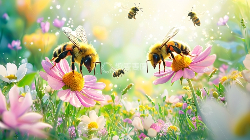 高清大图下载【趣麦麦图】蜜蜂采蜜花丛