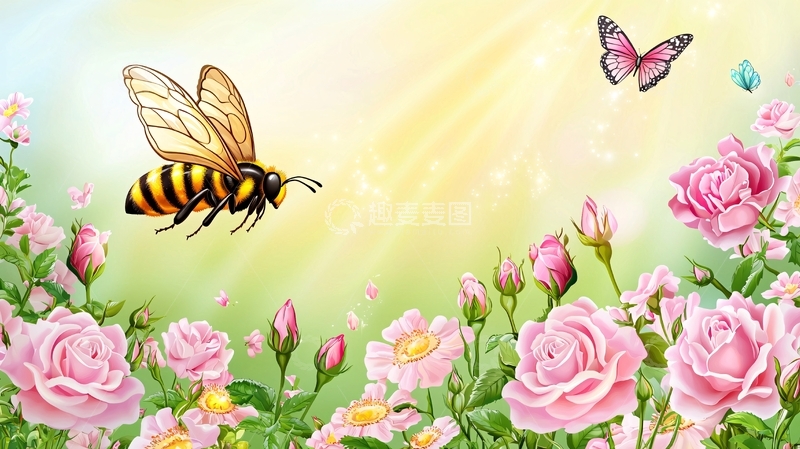 高清大图下载【趣麦麦图】蜜蜂飞舞粉色玫瑰花丛