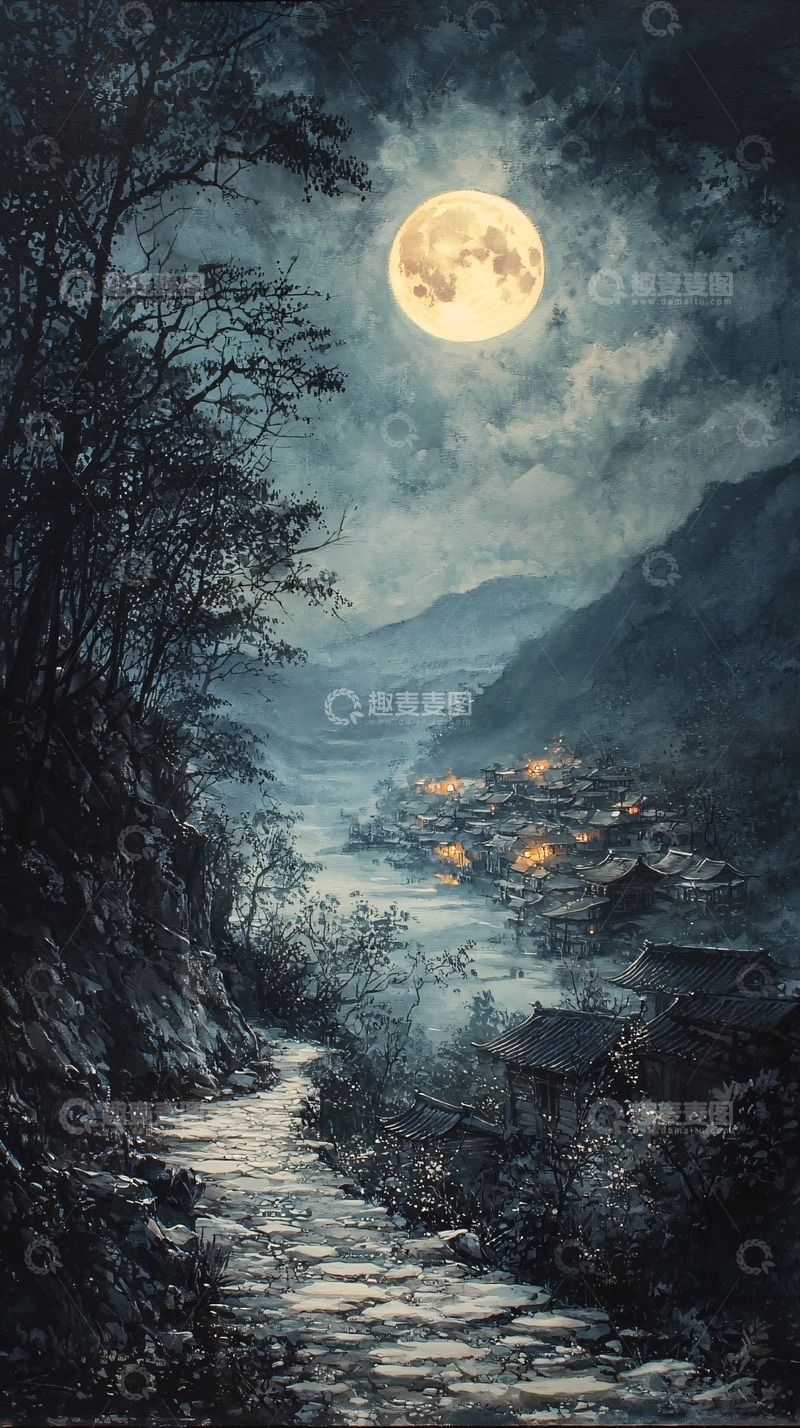 高清大图下载【趣麦麦图】月夜山村