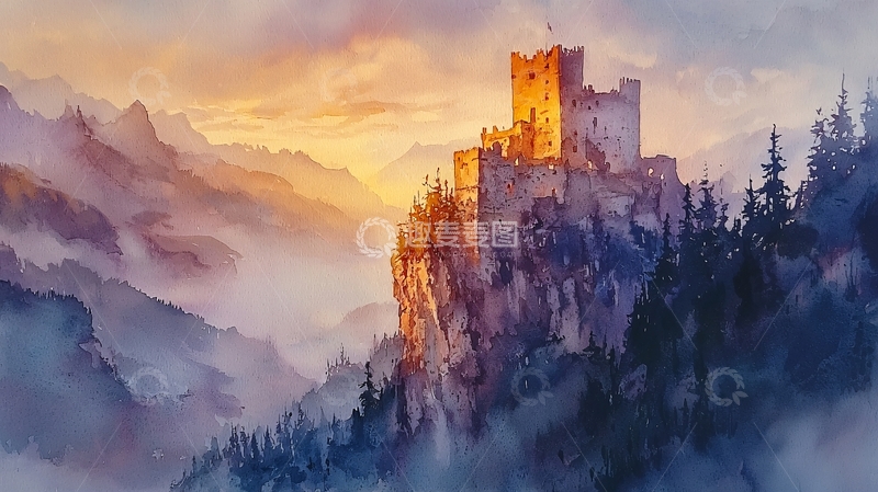 高清大图下载【趣麦麦图】山顶城堡日落水彩画