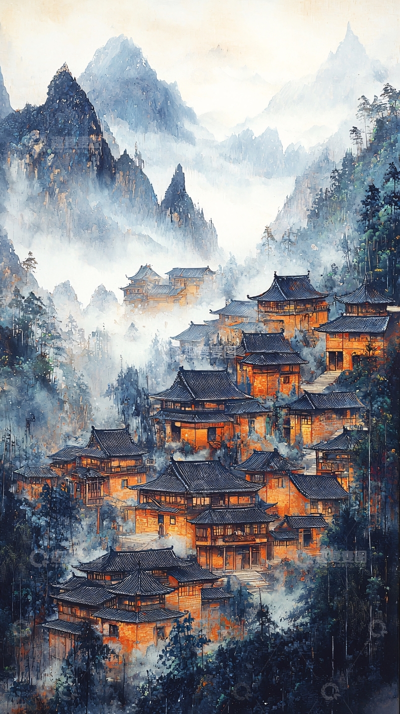 高清大图下载【趣麦麦图】山间水墨村落