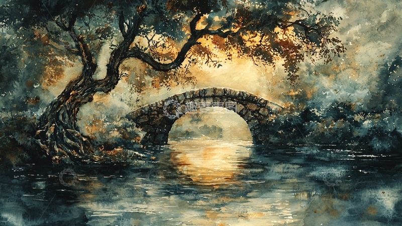 高清大图下载【趣麦麦图】宁静湖面上的石桥树影