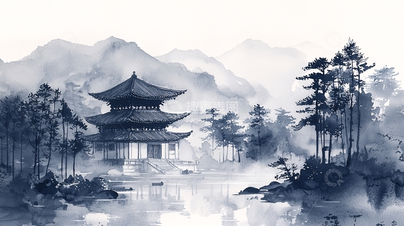 高清大图下载【趣麦麦图】水墨山水间的古建筑