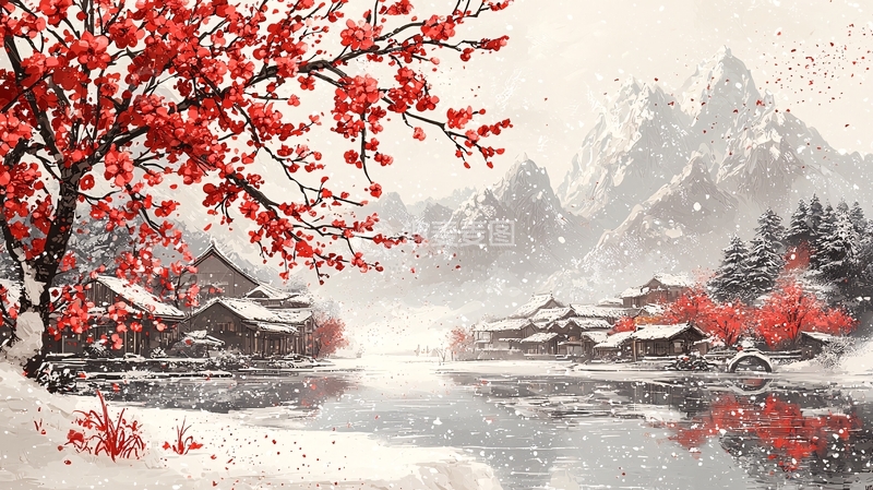 高清大图下载【趣麦麦图】雪中红枫村庄