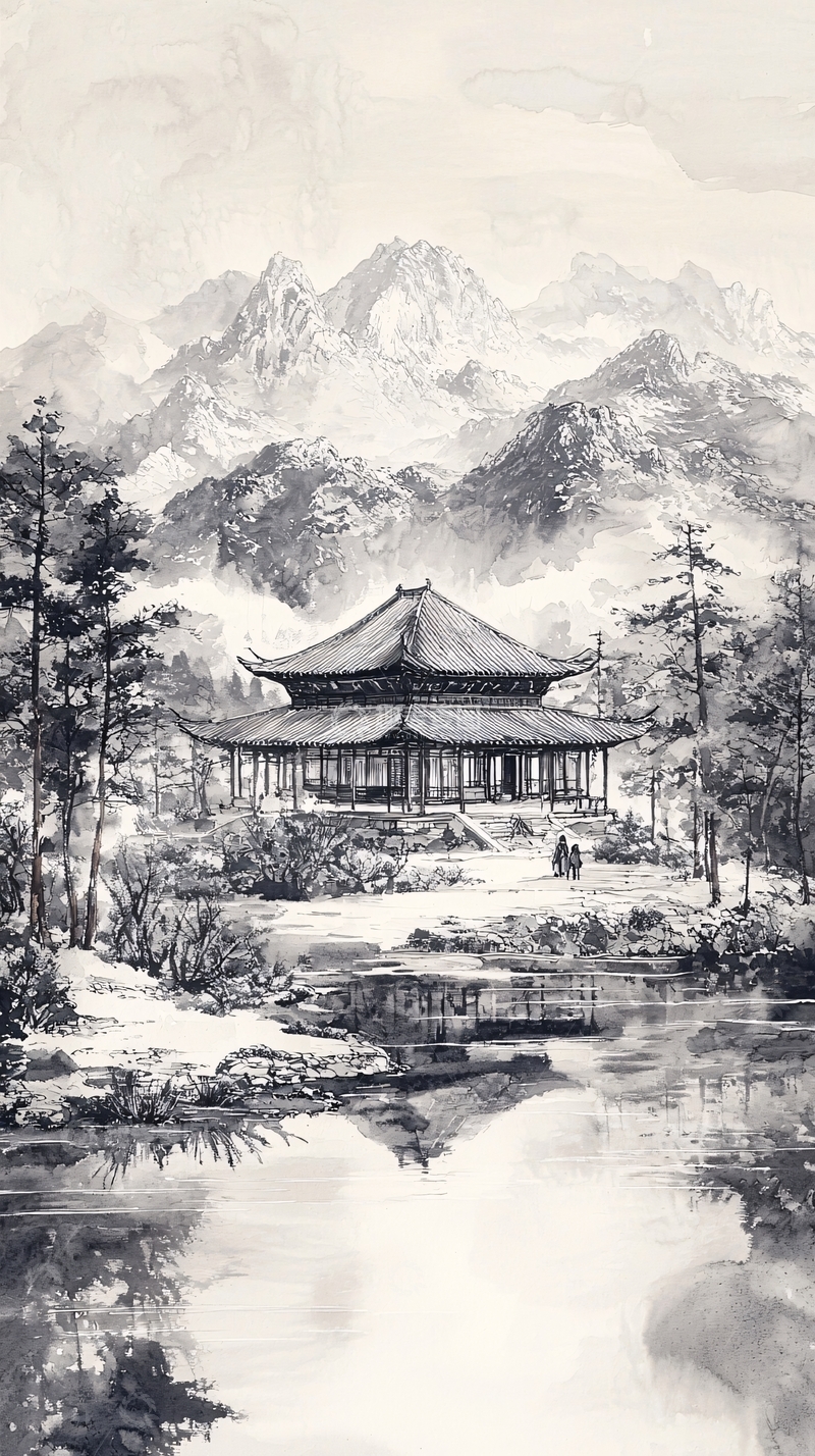 高清大图下载【趣麦麦图】山水间古建筑水墨风