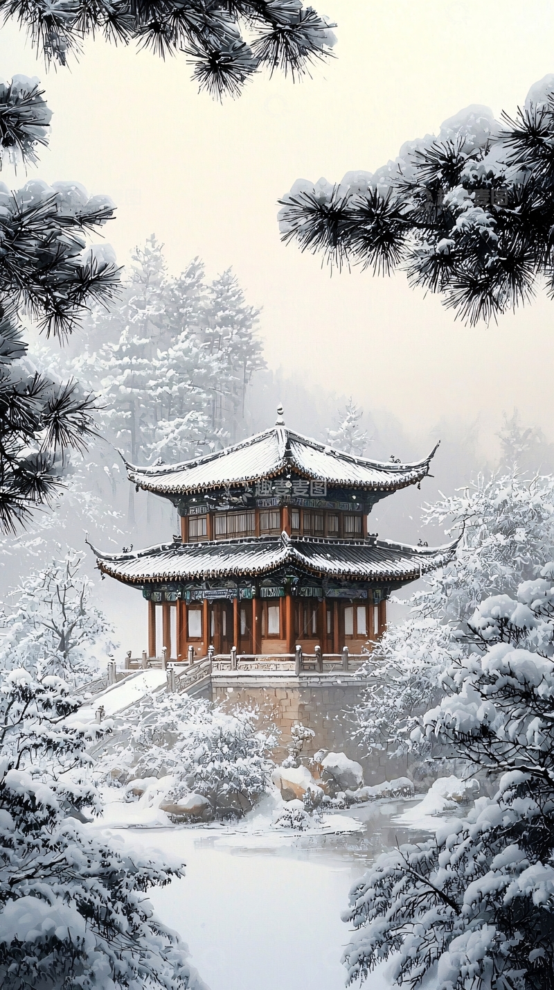 高清大图下载【趣麦麦图】雪景中的古建筑