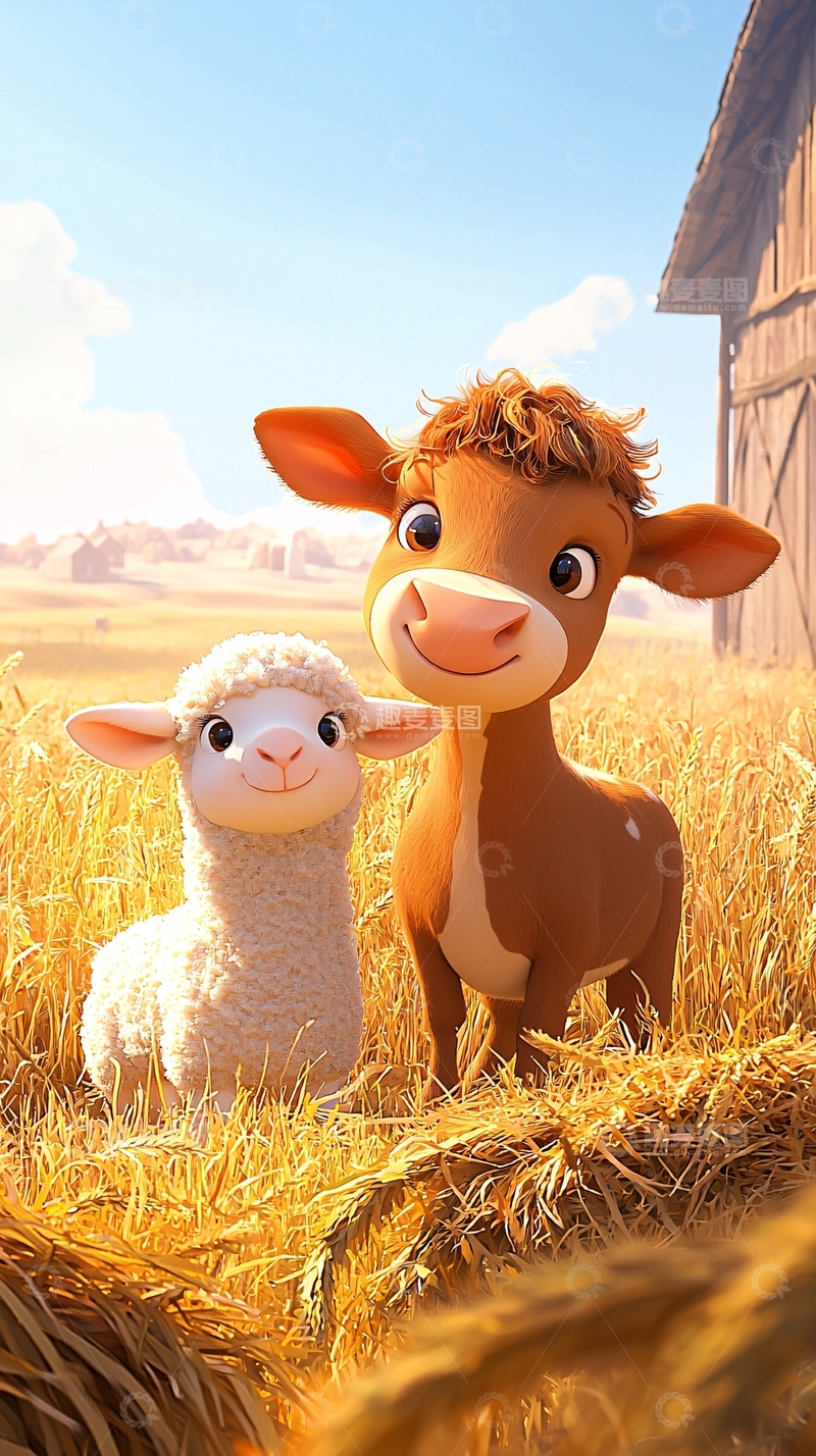 高清大图下载【趣麦麦图】卡通小牛和小羊