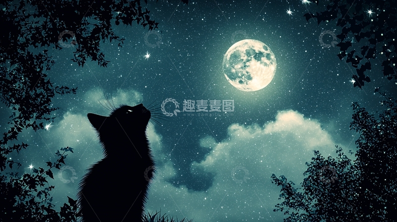 高清大图下载【趣麦麦图】黑猫仰望星空明月