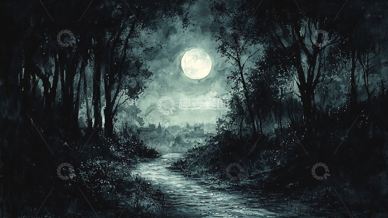 高清大图下载【趣麦麦图】夜晚森林中的月光小路