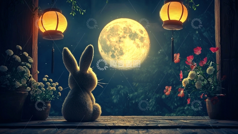 高清大图下载【趣麦麦图】中秋节兔子赏月
