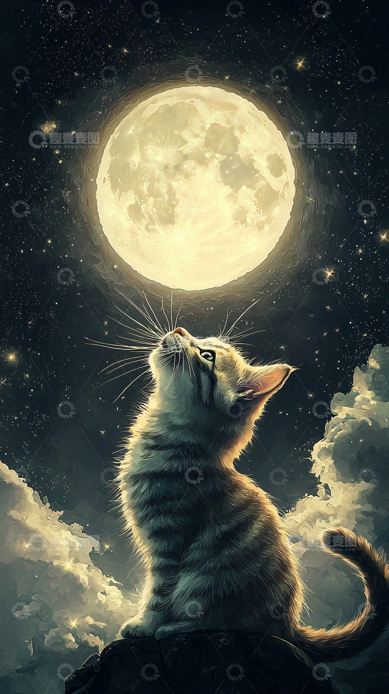 高清大图下载【趣麦麦图】抬头望月的猫咪