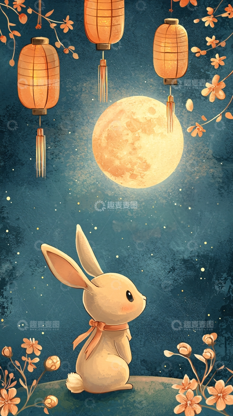 高清大图下载【趣麦麦图】中秋节兔子赏月图