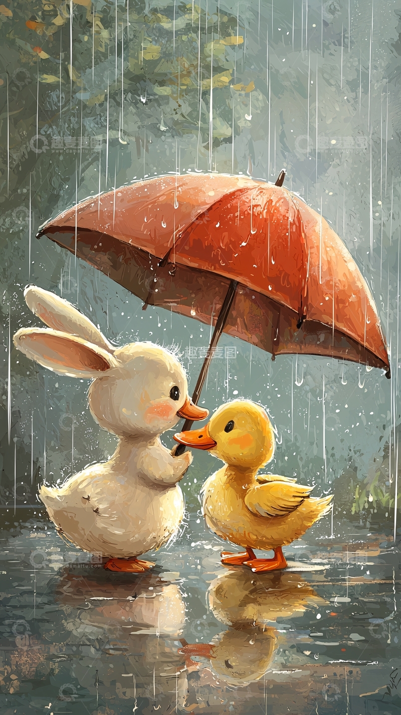 高清大图下载【趣麦麦图】雨中兔子鸭子共撑伞