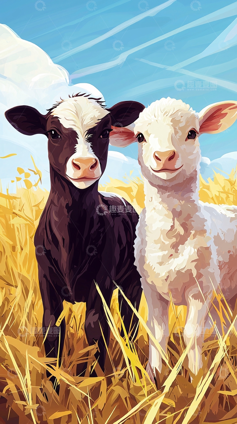 高清大图下载【趣麦麦图】小牛和小羊在麦田里