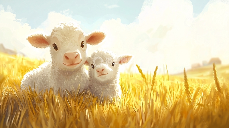 高清大图下载【趣麦麦图】两只可爱的小绵羊在麦田里