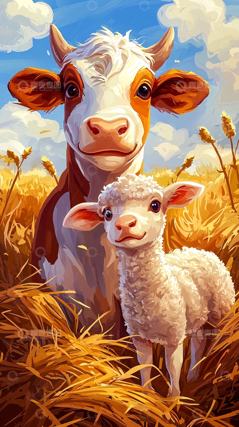 高清大图下载【趣麦麦图】卡通奶牛和羊羔