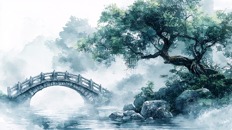 高清大图下载【趣麦麦图】水墨画风格的拱桥树木