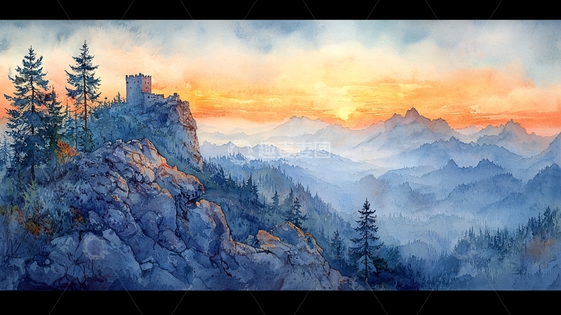 高清大图下载【趣麦麦图】山顶城堡的日落美景