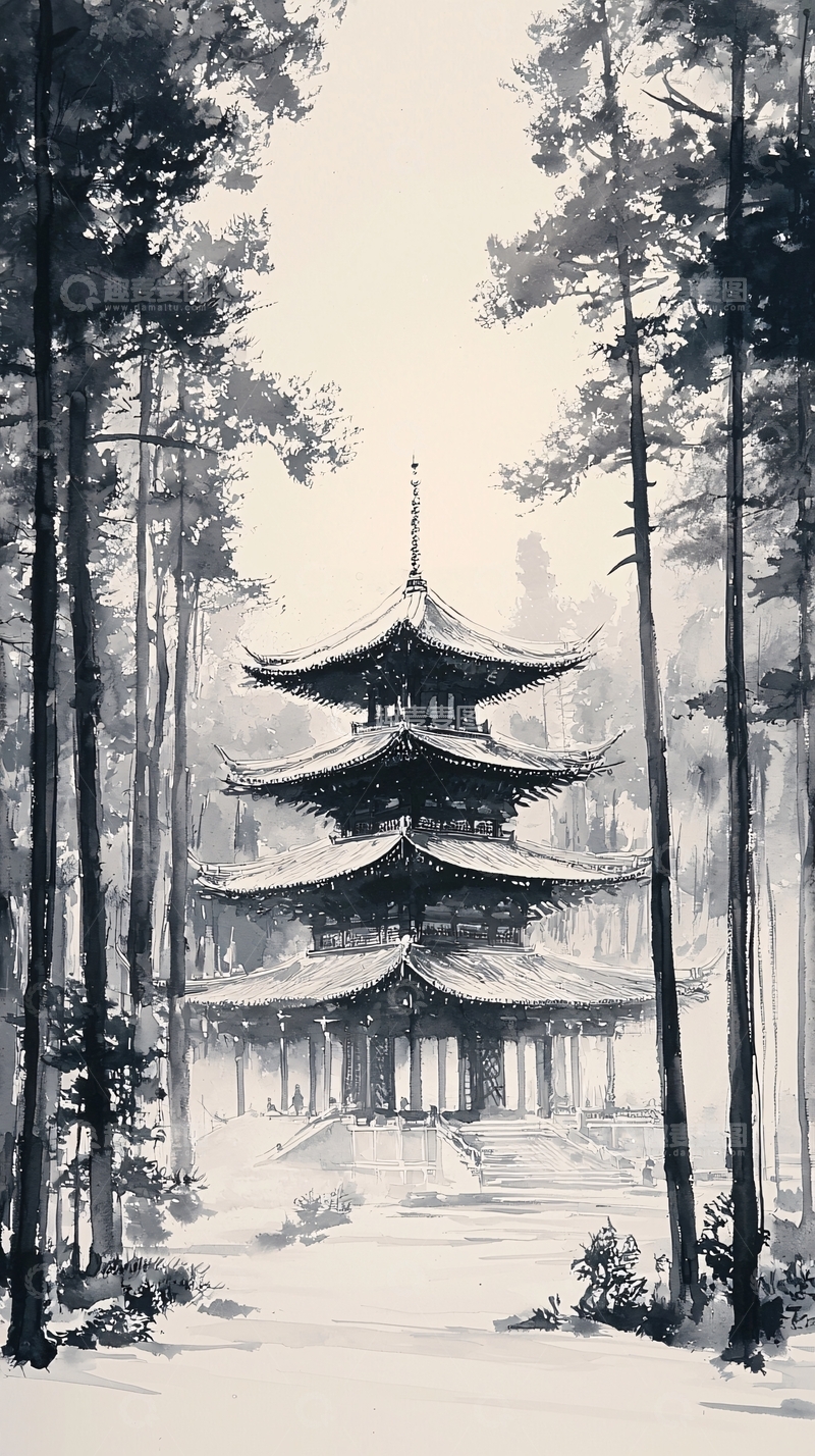 高清大图下载【趣麦麦图】水墨风格的塔林景色
