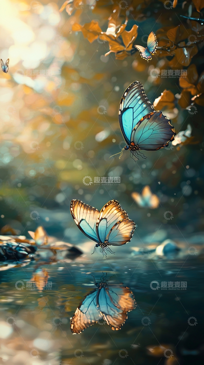 高清大图下载【趣麦麦图】梦幻蓝蝴蝶溪流