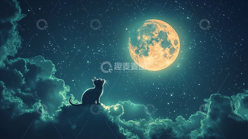 高清大图下载【趣麦麦图】黑猫仰望满月星空
