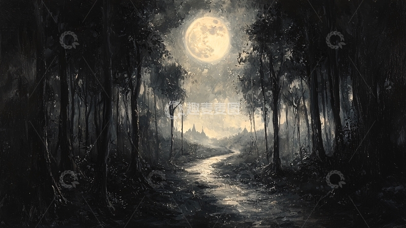 高清大图下载【趣麦麦图】月光下的幽暗森林小路