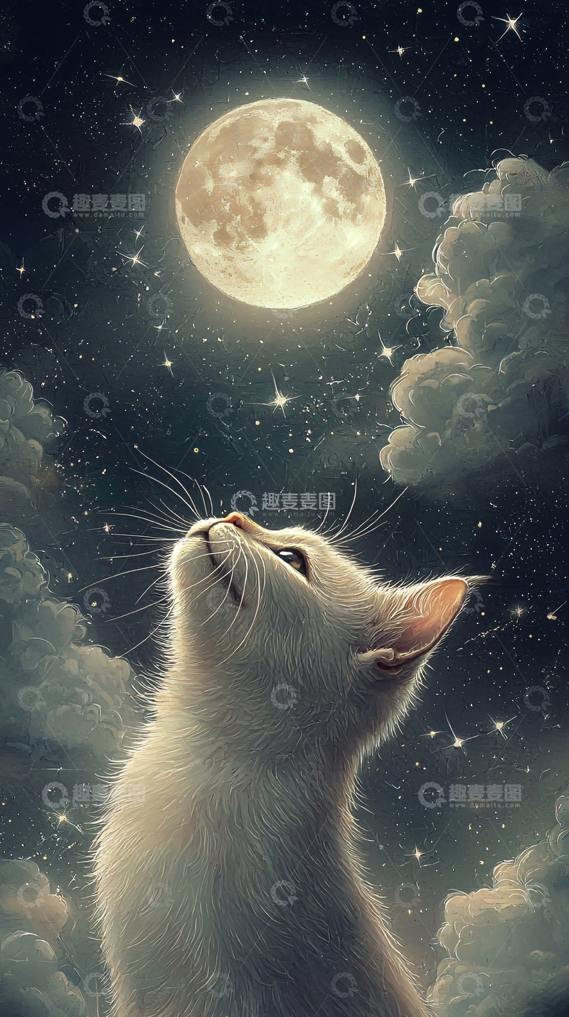 高清大图下载【趣麦麦图】仰望月亮的小白猫