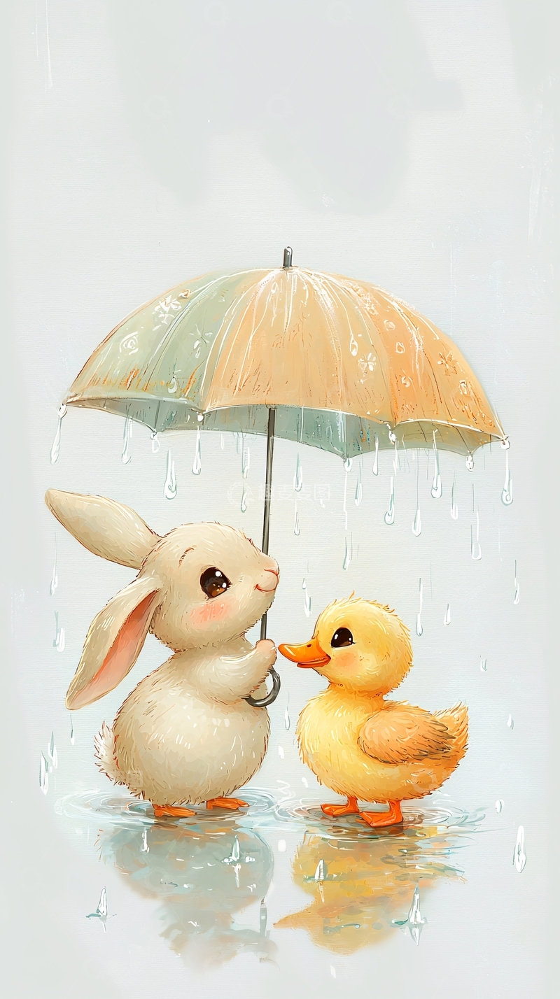 高清大图下载【趣麦麦图】可爱兔子鸭子雨中伞