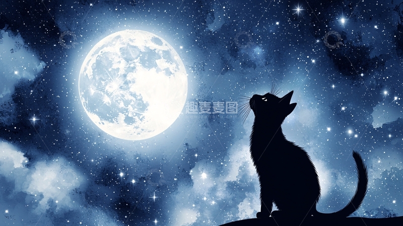 高清大图下载【趣麦麦图】黑猫仰望满月