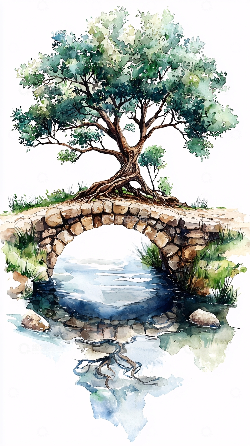 高清大图下载【趣麦麦图】桥上的树木水彩画