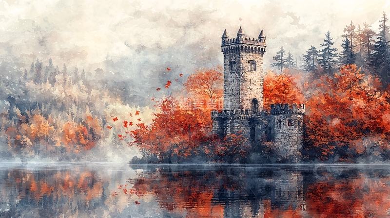高清大图下载【趣麦麦图】秋日古堡湖景水彩画