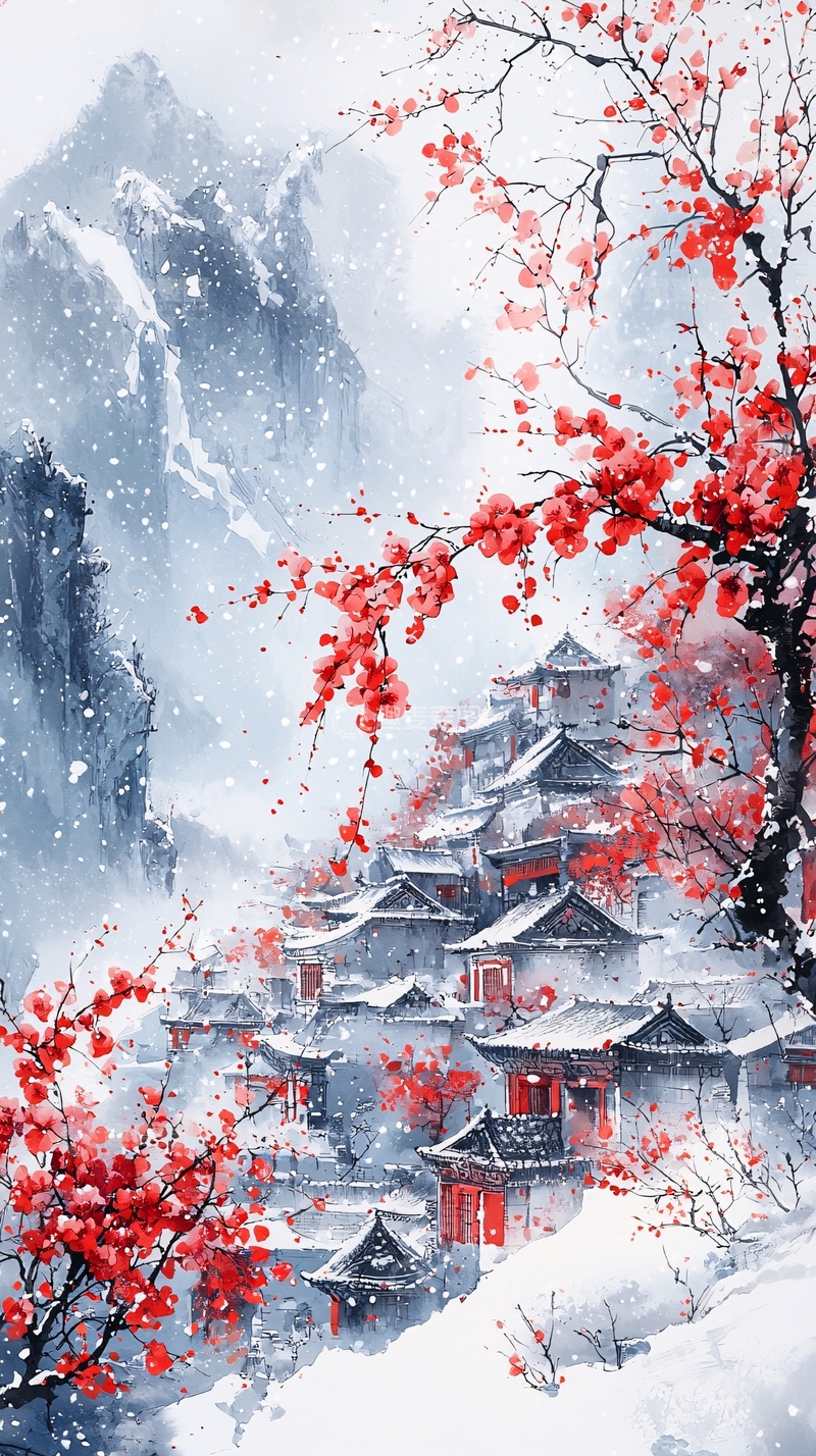 高清大图下载【趣麦麦图】水墨风雪景红梅建筑