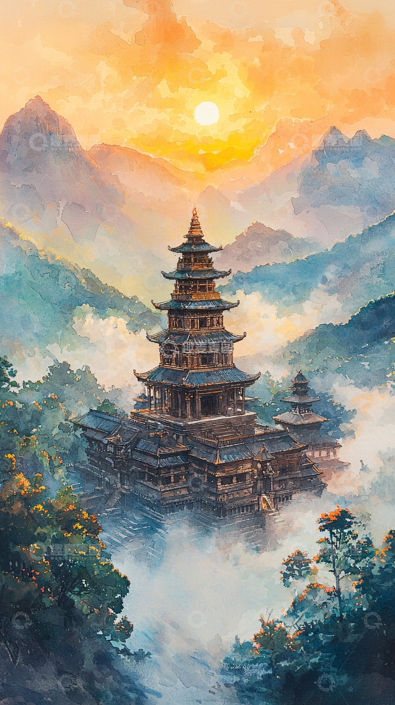 高清大图下载【趣麦麦图】山间云雾缭绕的古塔