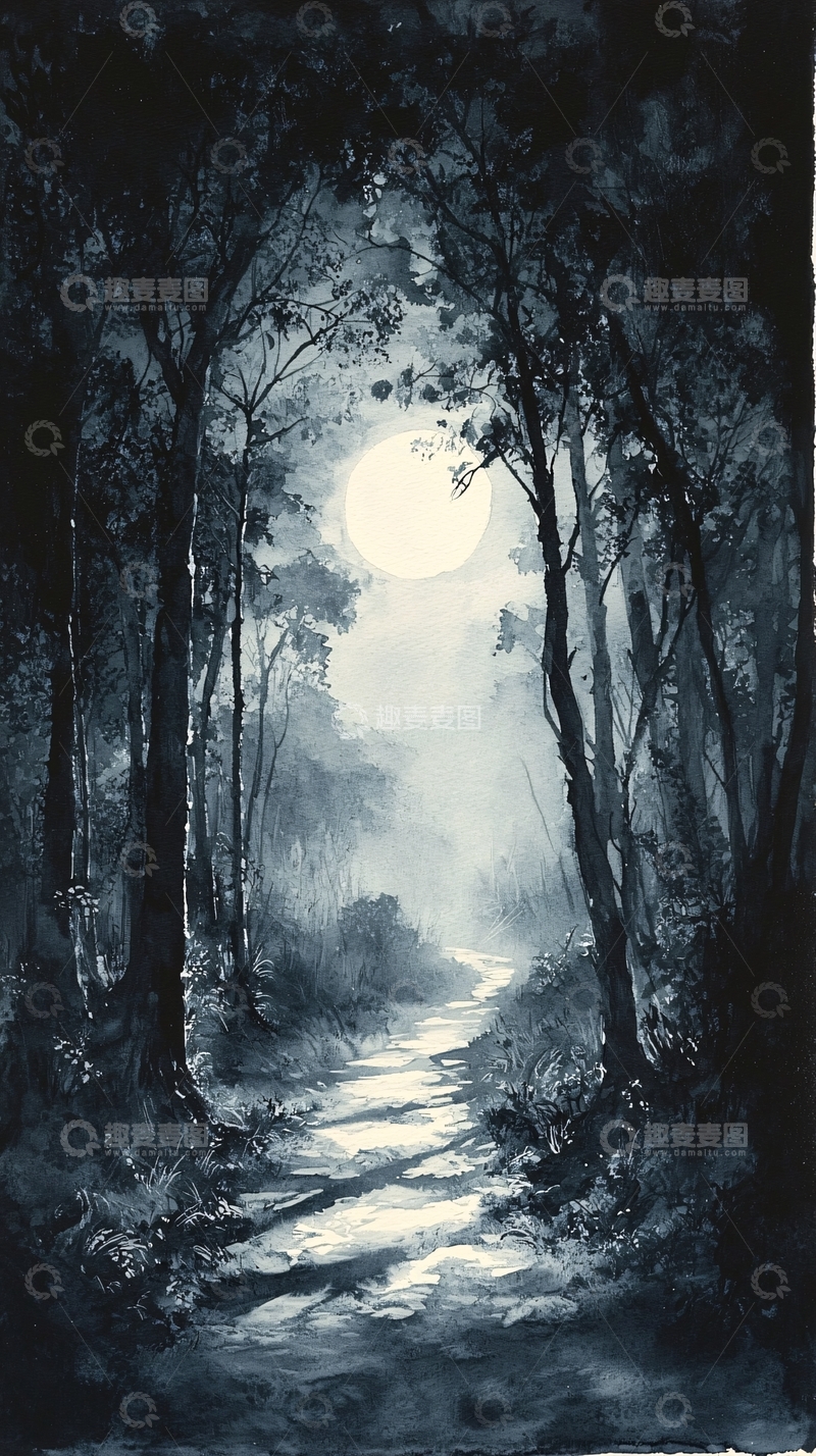 高清大图下载【趣麦麦图】月光下的幽静森林小路
