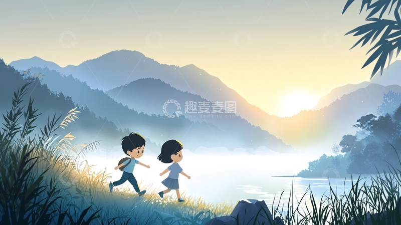 高清大图下载【趣麦麦图】清晨山谷儿童远足