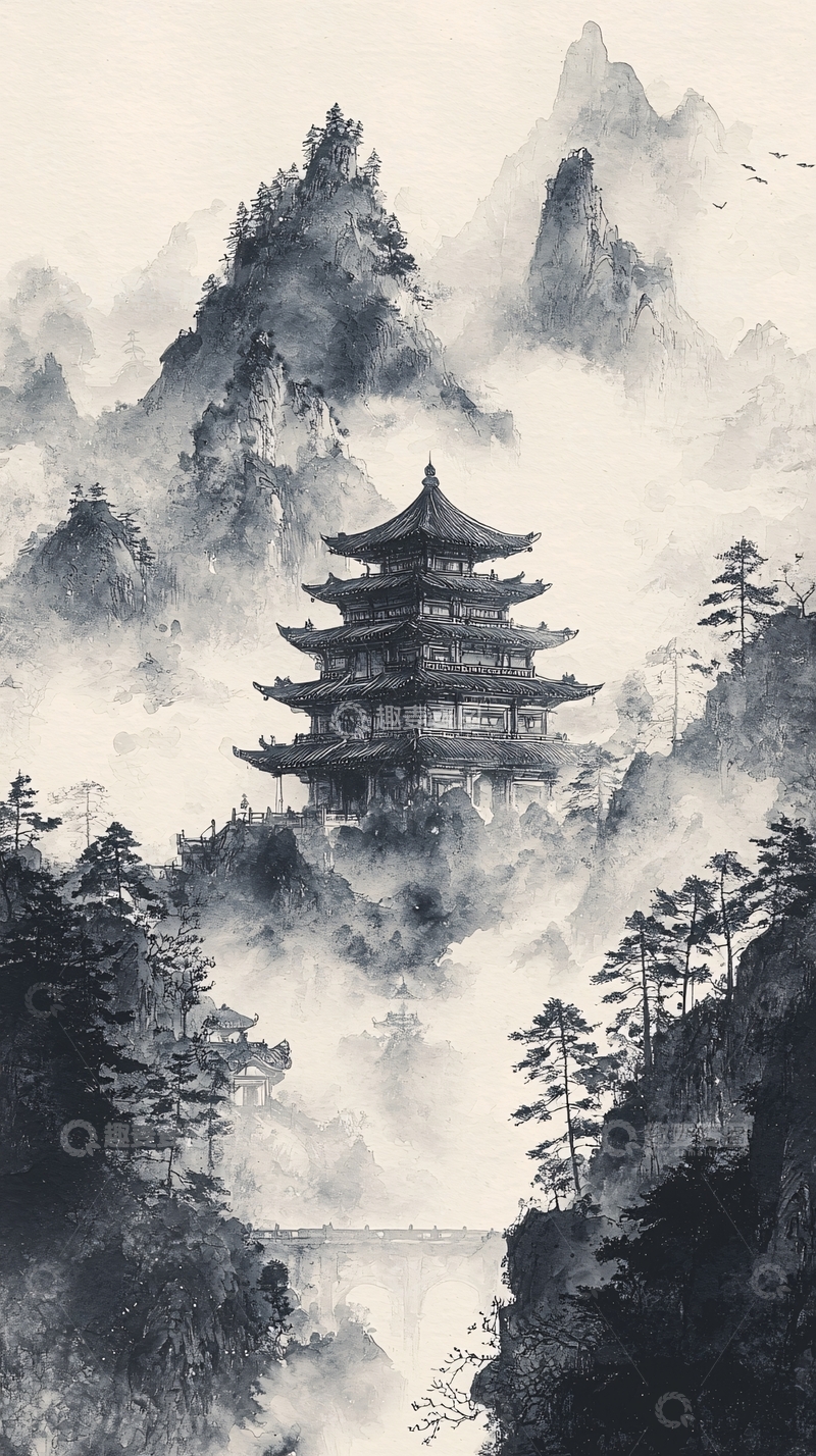 高清大图下载【趣麦麦图】水墨山水间的古塔