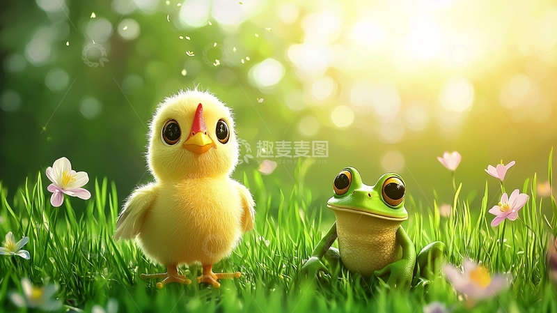 高清大图下载【趣麦麦图】小鸡青蛙春日田园