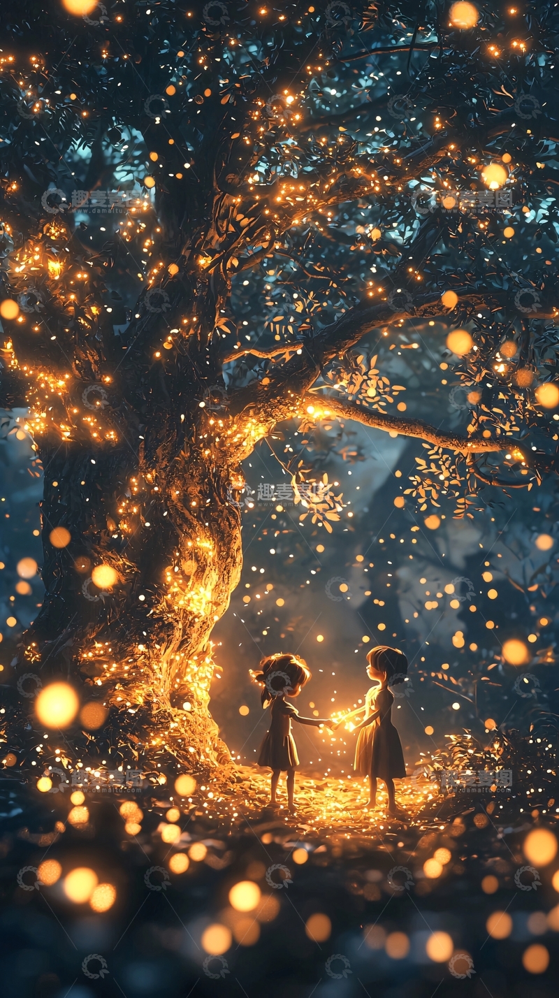 高清大图下载【趣麦麦图】梦幻女孩树下萤火虫