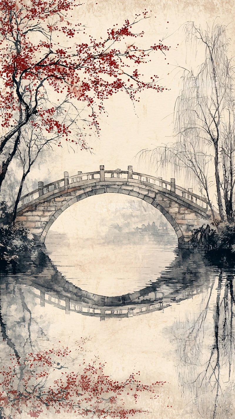 高清大图下载【趣麦麦图】水墨风桥梁与树木