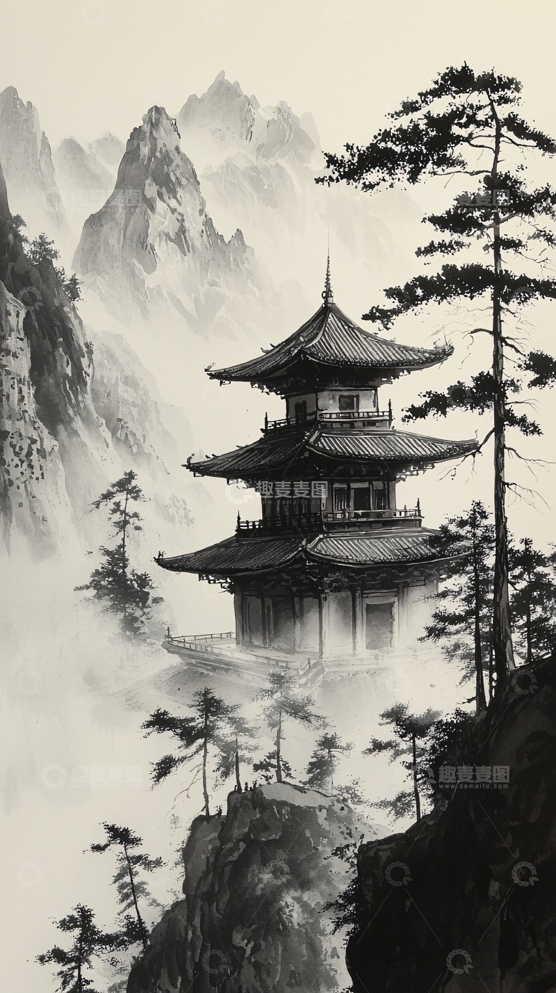 高清大图下载【趣麦麦图】水墨风山间塔楼