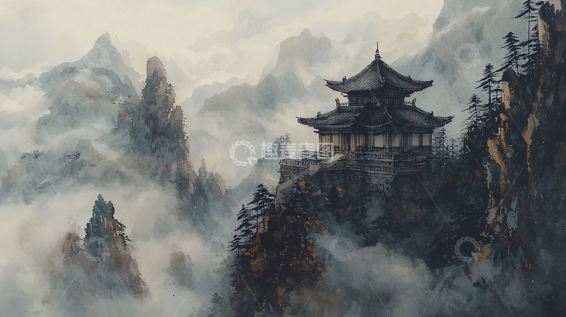 高清大图下载【趣麦麦图】山间云雾缭绕的亭台楼阁