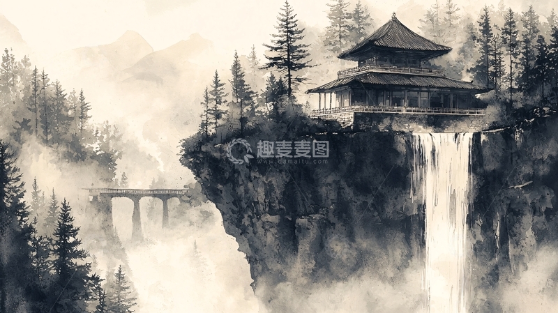 高清大图下载【趣麦麦图】山巅寺庙瀑布水墨画风