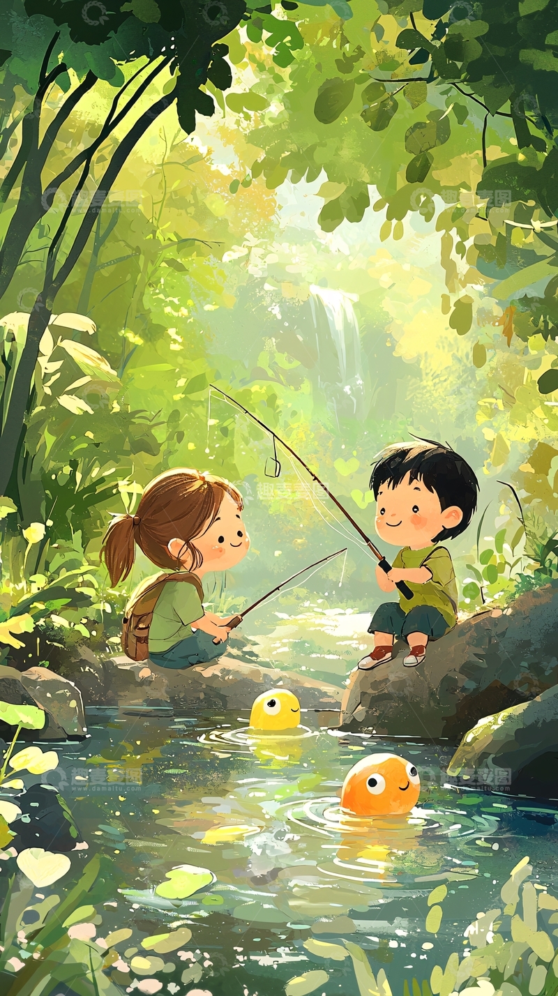高清大图下载【趣麦麦图】森林溪流垂钓儿童
