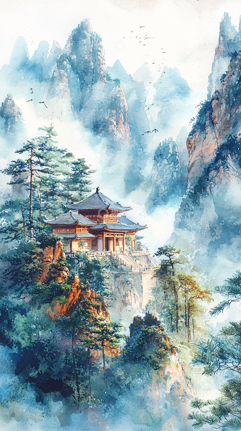 高清大图下载【趣麦麦图】山间水墨古建筑